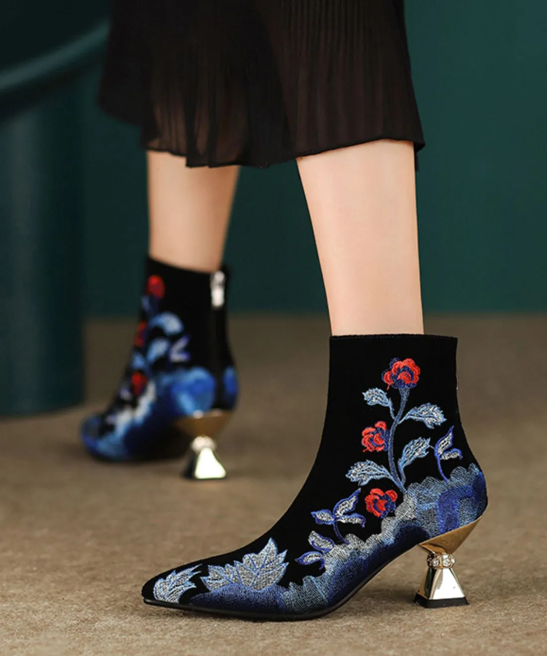 Women Black Embroidered Zippered Suede High Heels RT1072